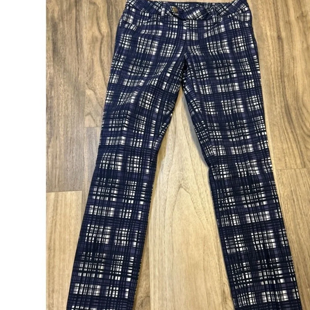 Tory Burch Conner Skinny Pants Women's Size 31 Navy Printed Plaid Stretch Preppy